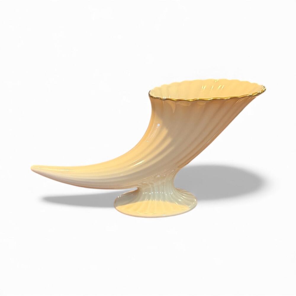 Lenox Bountiful Collection Porcelain Cornucopia vase with gold trim.